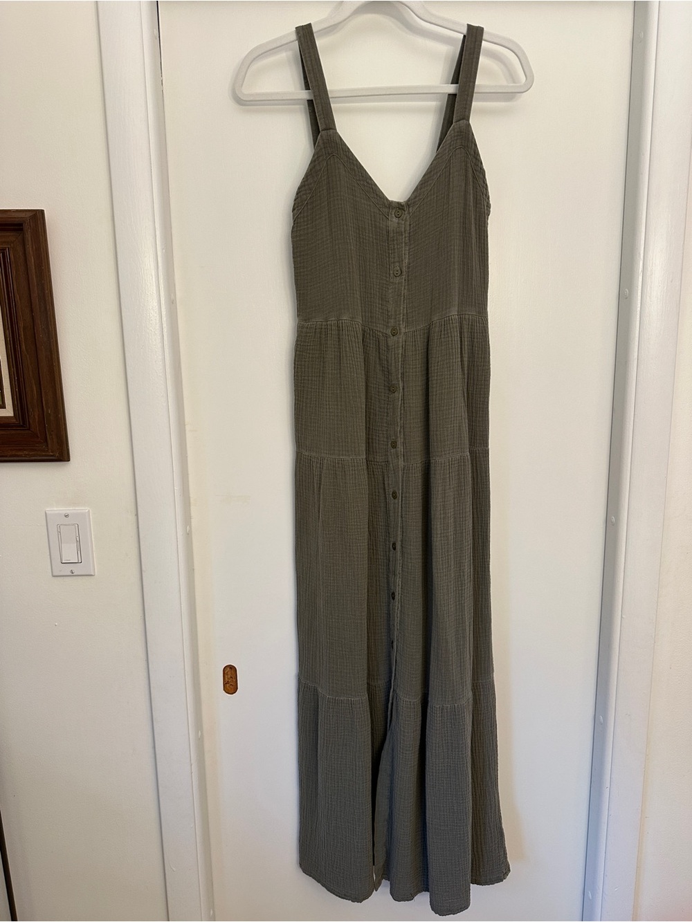Evereve Olive Tiered Button-Front Maxi Dress